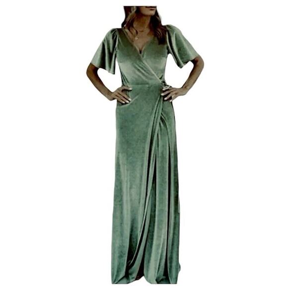 Baltic Born Light Sage Green Velour Short Flutter Sleeve Maxi Wrap Dress XS - Picture 1 of 16